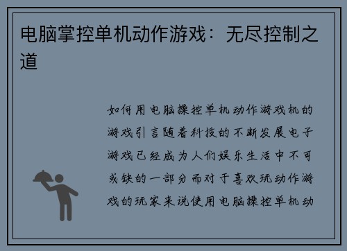 电脑掌控单机动作游戏：无尽控制之道