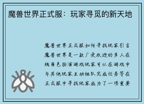 魔兽世界正式服：玩家寻觅的新天地