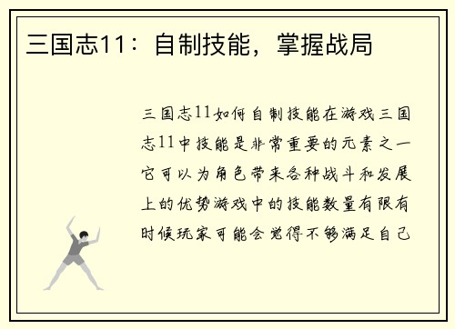 三国志11：自制技能，掌握战局